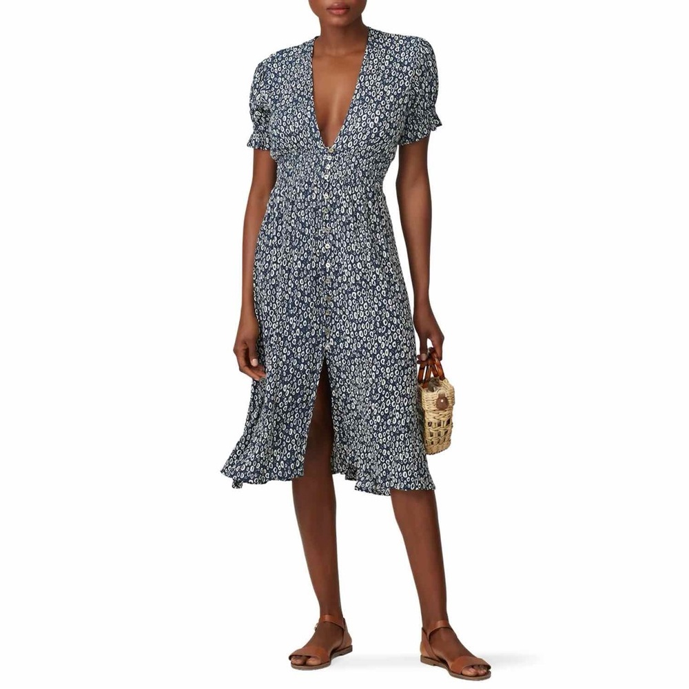 Cleobella Violeta Dress Size M Blue White Print Button Front V-Neck Sundress